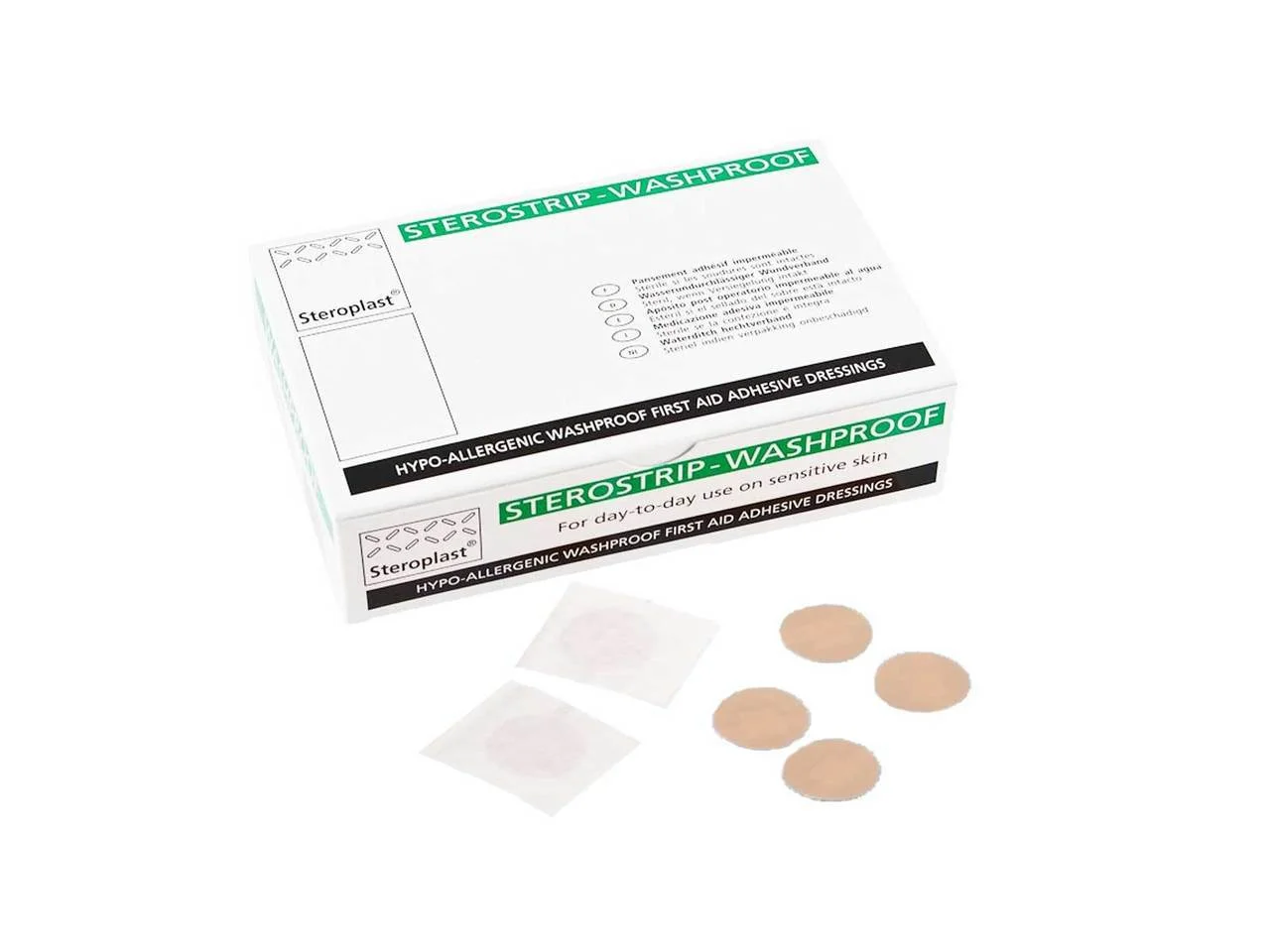 Washproof Plasters - Steroplast Hypo-allergenic Spot Plasters - 2.4cm diameter - 100 per box (£3.50 + VAT)
