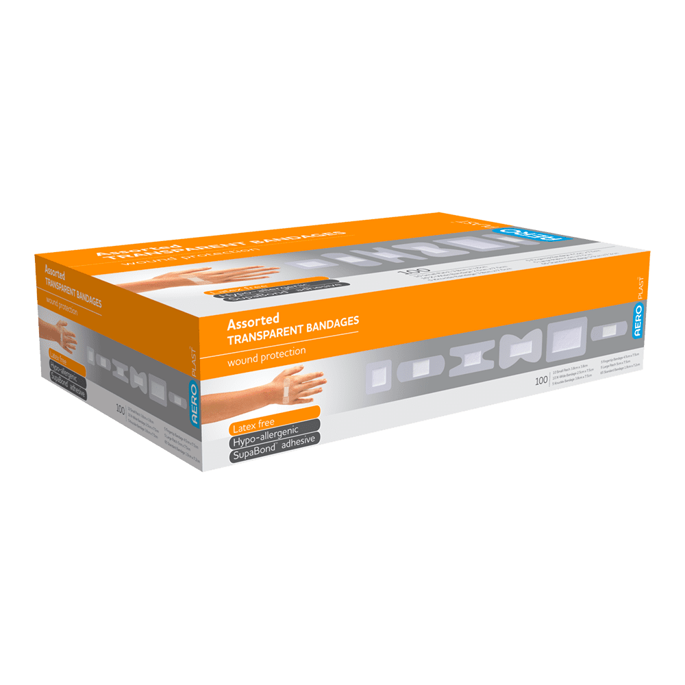 AeroPlast Transparent Plasters (Latex Free & Waterproof), Assorted 6 sizes - 100 per box (£6.99 + VAT)