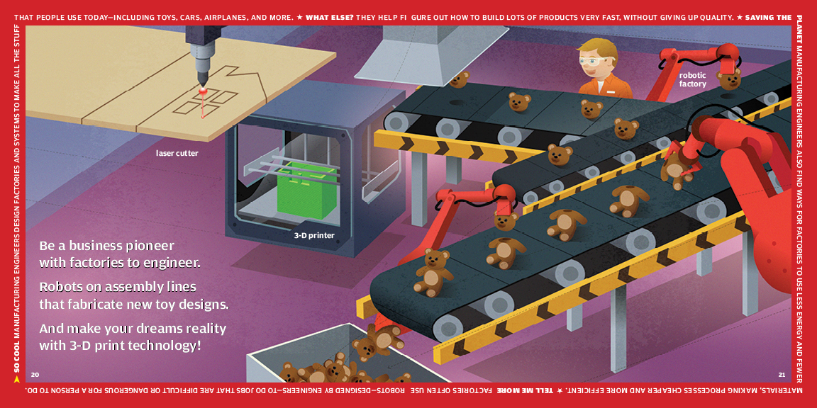 Illustrations are designed to be fun to look at but also credible and realistic, representing something like what actually happens in real engineering processes.