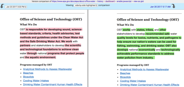 Before and after versions of the EPA Water Office’s mission statement regarding science and technology.