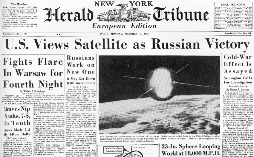 The 1957 launch of Sputnik sparked fears of an imminent Soviet takeover of space.