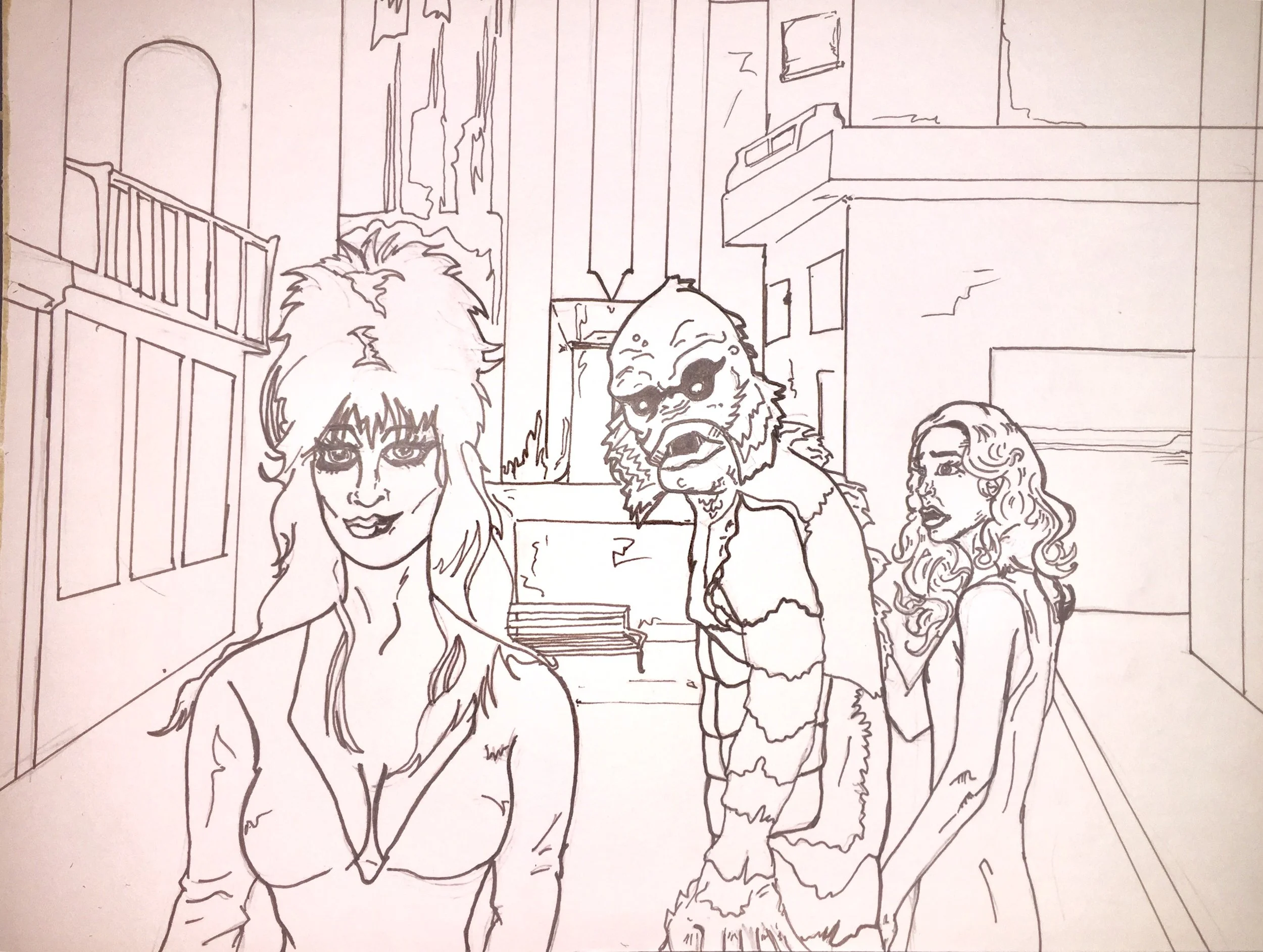 I originally toyed around with a background more closely related to the photo in the meme, but then my lovely wife suggested illustrating Lansing's Robin Theatre, where the show would take place, along with the surrounding buildings. This is just one of the many reasons I keep her around.