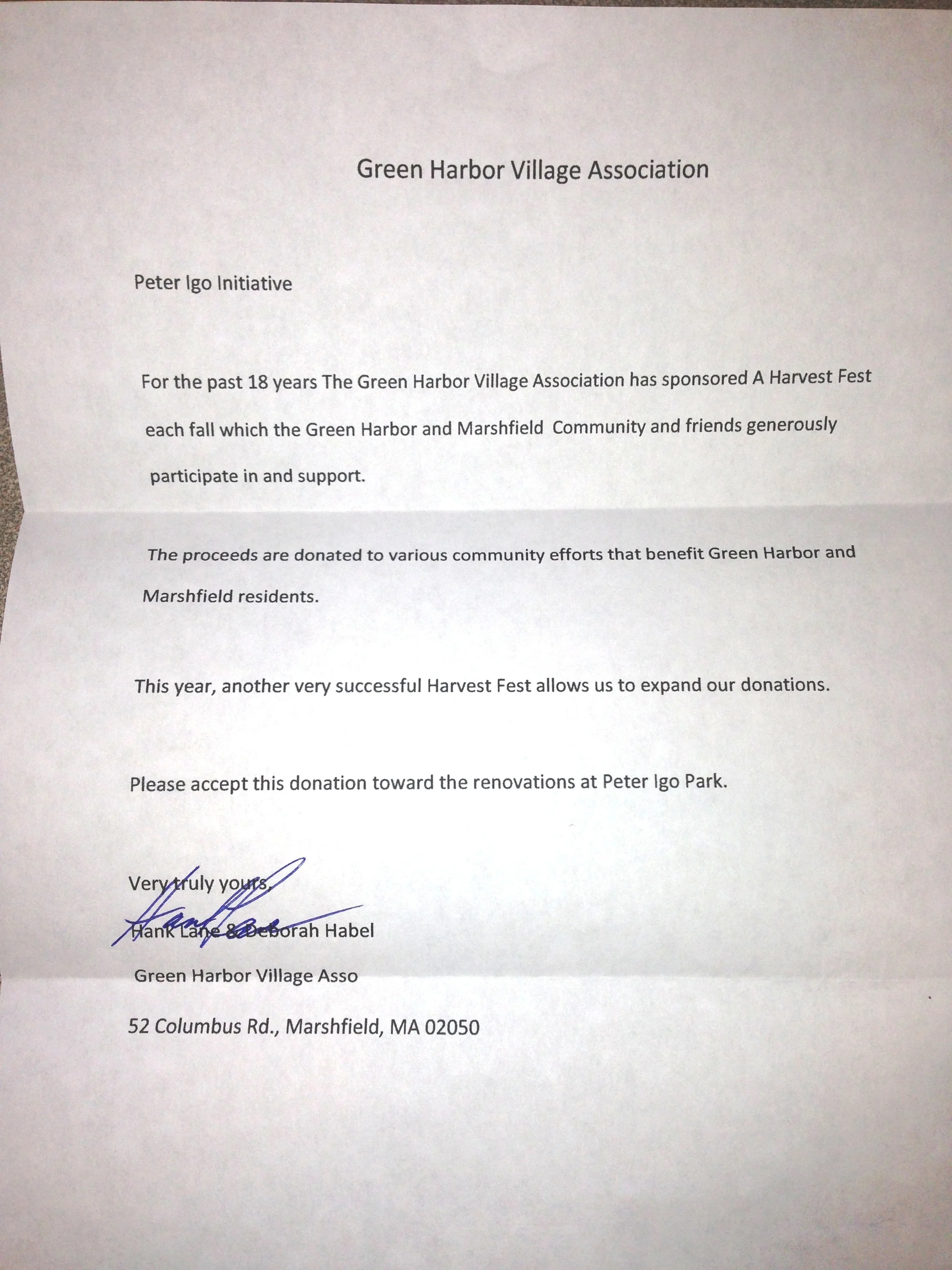 Donation from Green Harbor Association