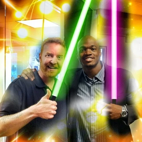 Dave and NFL MVP Adrian Peterson show their lightsabers before going into a Pre-K classroom and beheading some "younglings".