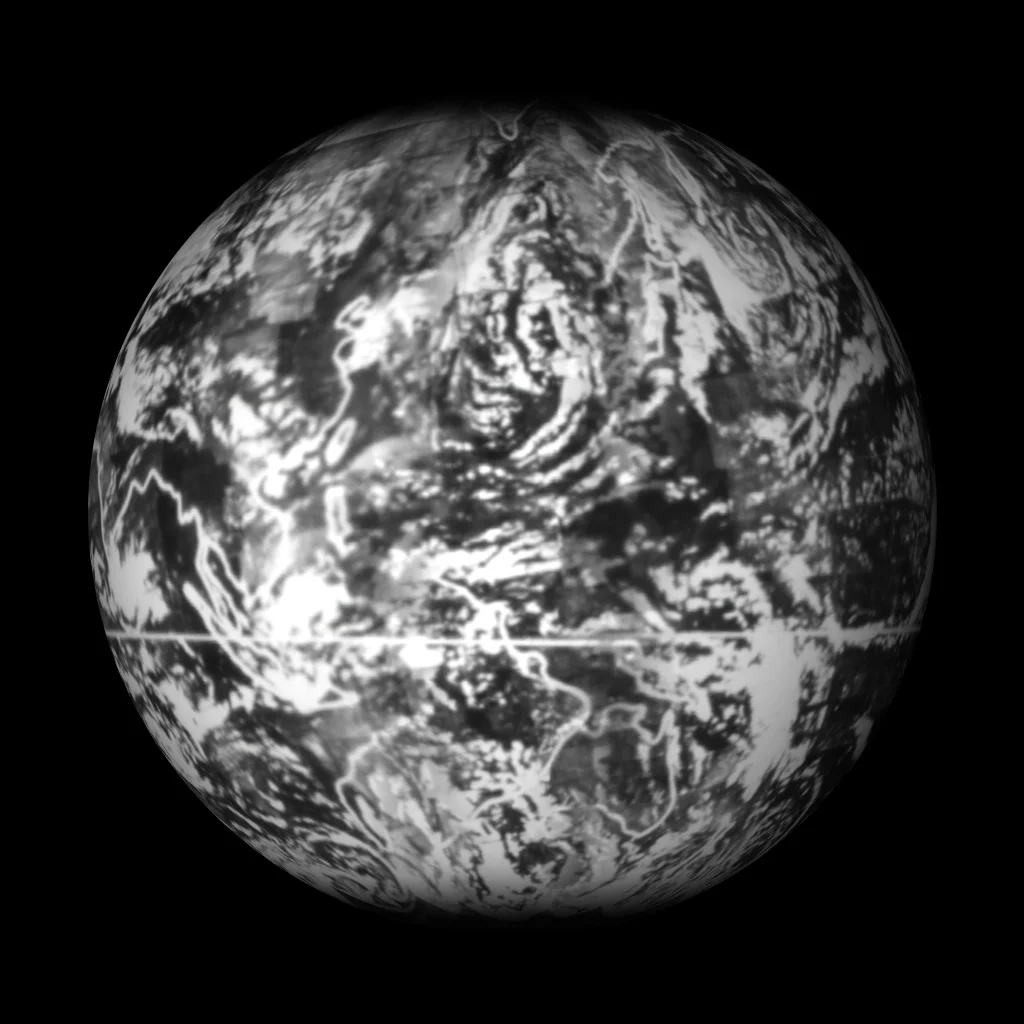 First complete view of Earth’s weather, 1965. Assembled by NASA from 450 TIROS images.