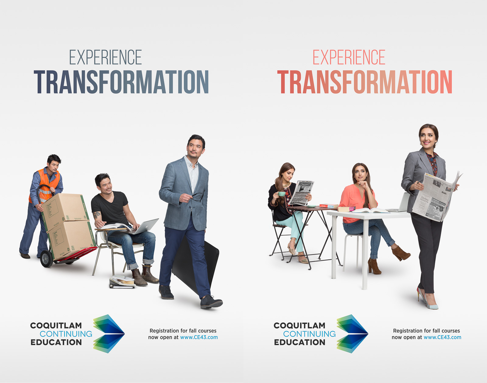 Print campaign for Coquitlam Continuing Education. The client wanted a quick read concept that showed the process of transformation from former job to new career.