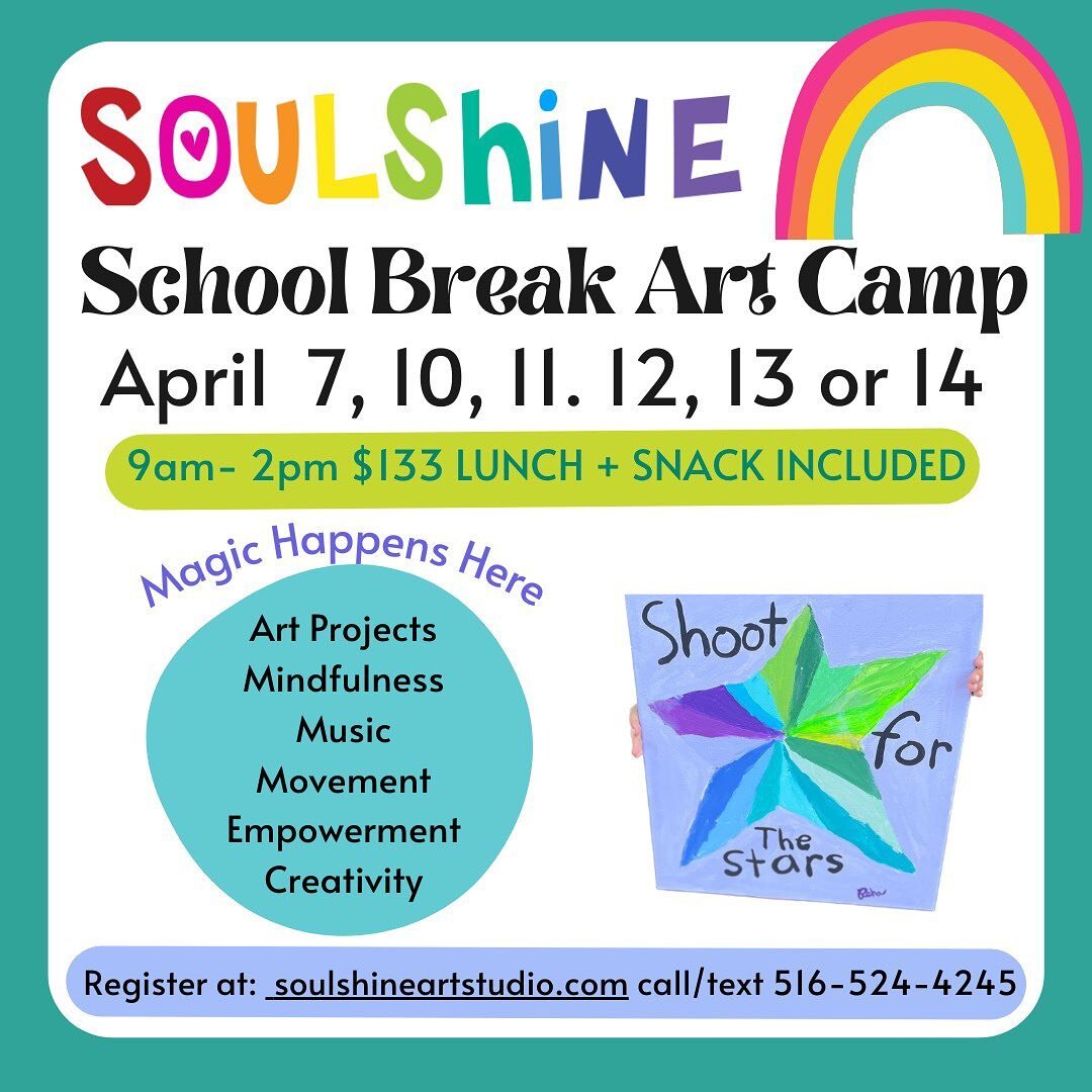 School Break Art Camp at SOULSHINE is a magical place to be! 

To register &amp; for more info- Link in Profile 😊❤️🙏🏽🌈☀️

April 7, 10, 11, 12, 13, 14 
9am-2pm✨Snack + Lunch included!
$133 per day 

#portwashingtonkids #porteashingtonmoms #portwas