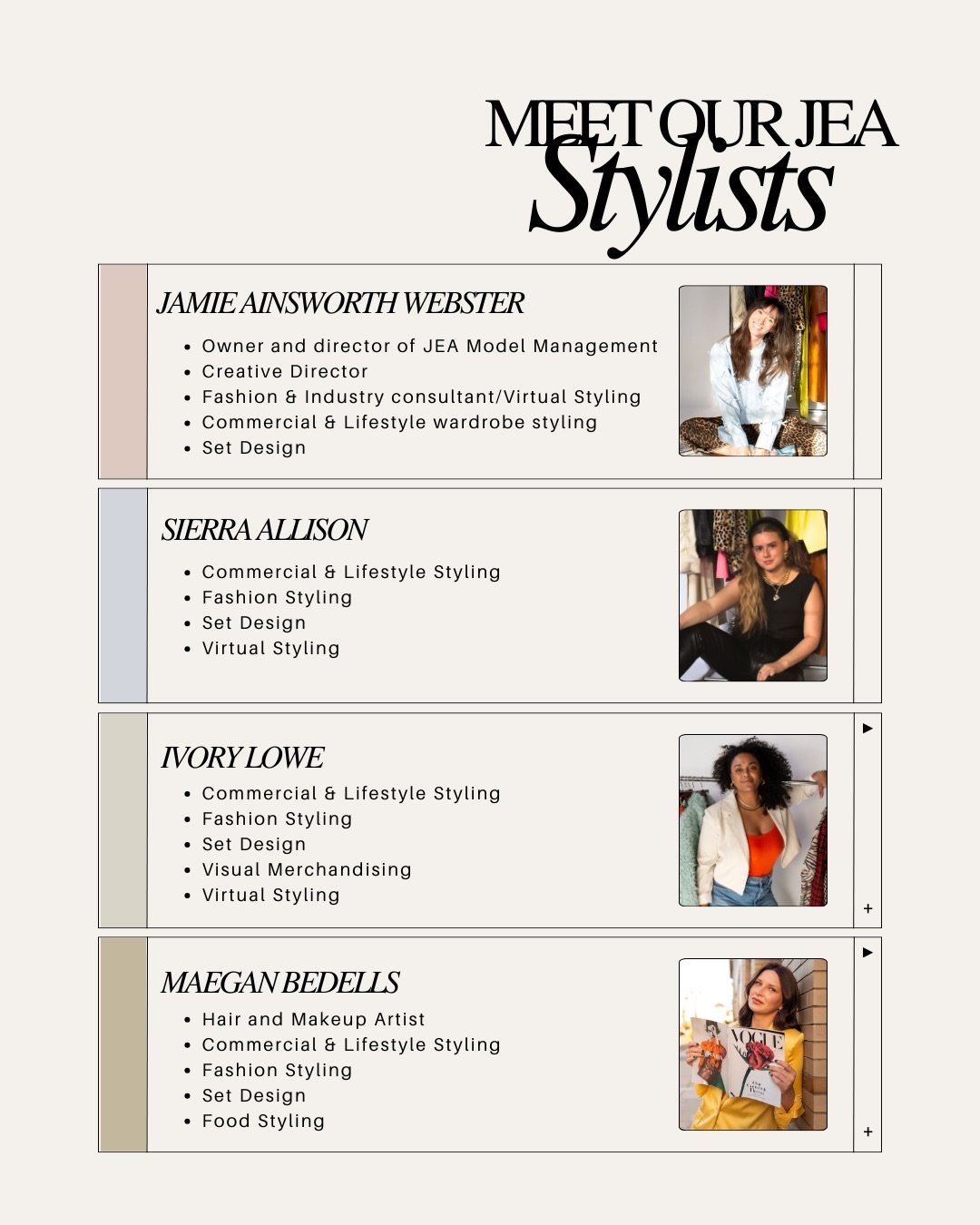 Happy 2026!! 💫 We are so excited to work with everyone this year! Take a minute to Meet our stylists, see what we offer, and reach out if you have any questions. We are happy to help! 

info@jeamodels.com
Laura@jeamodels.com

www.jeamodels.com/jea-s