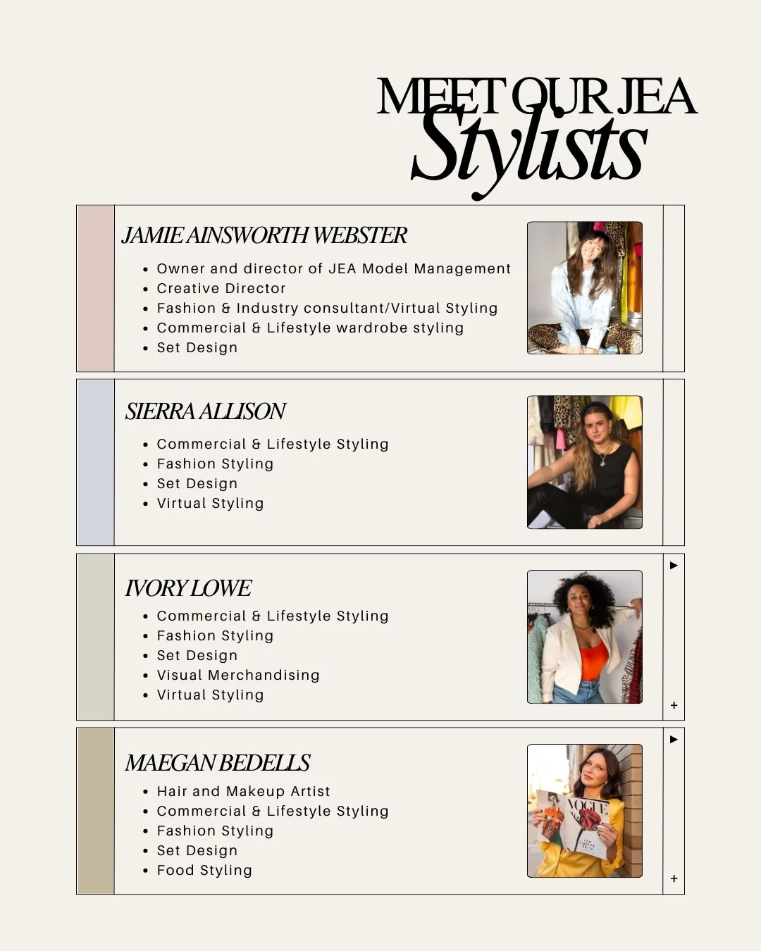 Happy 2026!! 💫 We are so excited to work with everyone this year! Take a minute to Meet our stylists, see what we offer, and reach out if you have any questions. We are happy to help! 

info@jeamodels.com
Laura@jeamodels.com

www.jeamodels.com/jea-s