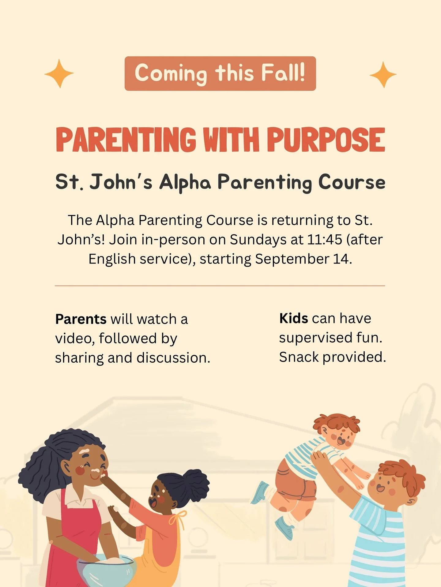 The Alpha Parenting Course is returning to St. John&rsquo;s Willowdale! Join in-person on Sundays at 11:45 (after English service coffee hour), beginning on September 14th. 

Childcare provided! Kids can have supervised fun, while parents share in a 