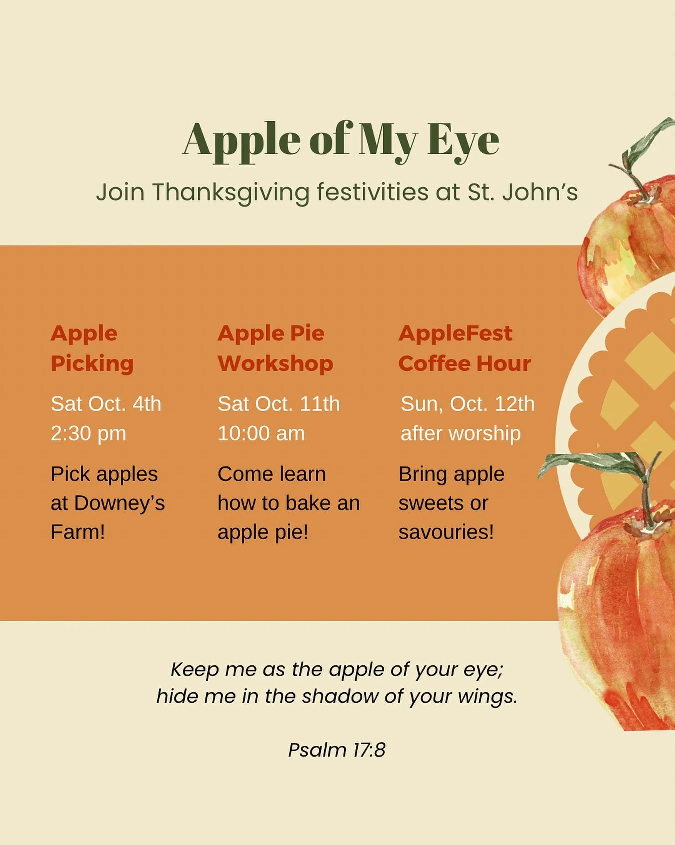 AppleFest is back! Join us for fun autumn activities as we celebrate the season and give thanks to God for its bounty. 🍎🍏

Sign up sheets will be posted during coffee hour on Sunday after the services. 

#welovewillowdale #anglicansoftoronto #north