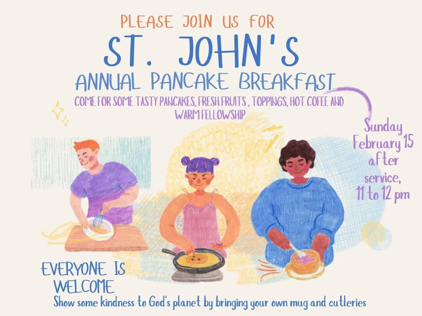 Join us for delicious pancakes, fresh fruit, tasty toppings, hot coffee and warm fellowship on Sunday, February 15 after the English service, which starts at 10am). All welcome!