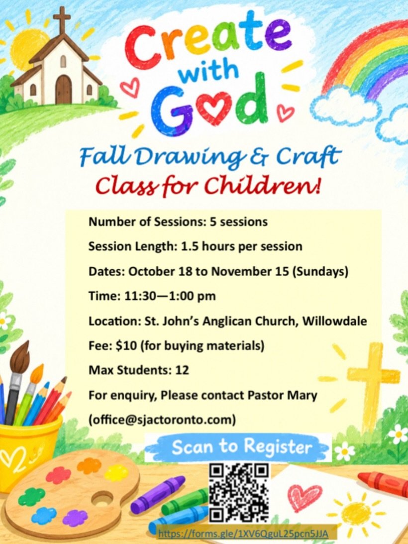 St. John&rsquo;s Kids Art Class is back for Fall! 🎨🫟

We are excited to announce that our Children&rsquo;s Ministry will host a drawing and craft class for kids ages 5-11 starting on October 18. All welcome! 🧑&zwj;🎨

Dates: October 18 to November