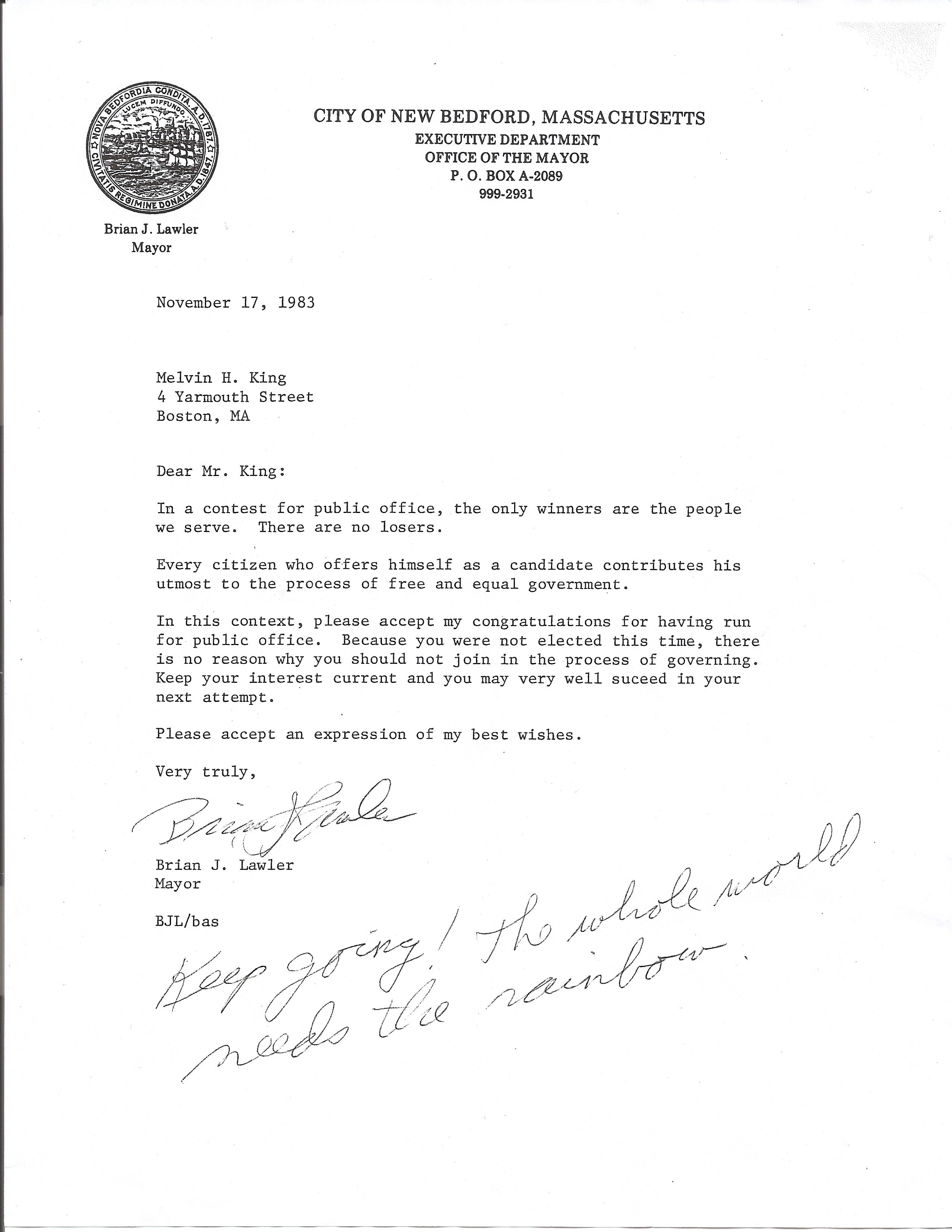Letter from New Bedford's mayor to Mel King about his mayoral campaign defeat. Mel King Papers, Roxbury Community College.