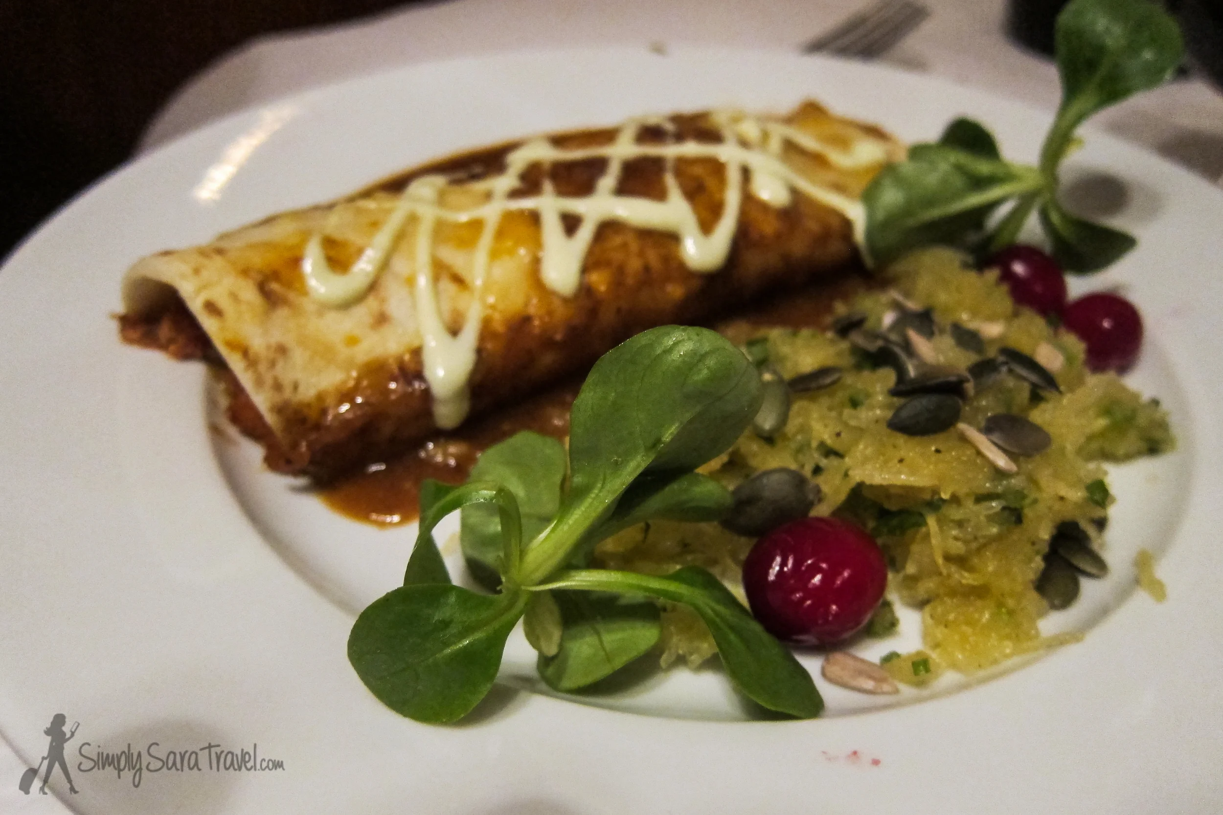 I'm not used to having a formal appetizer at Thanksgiving but I could get used to this! Joe Allen's roasted pumpkin and ricotta enchiladas with spaghetti squash coleslaw 