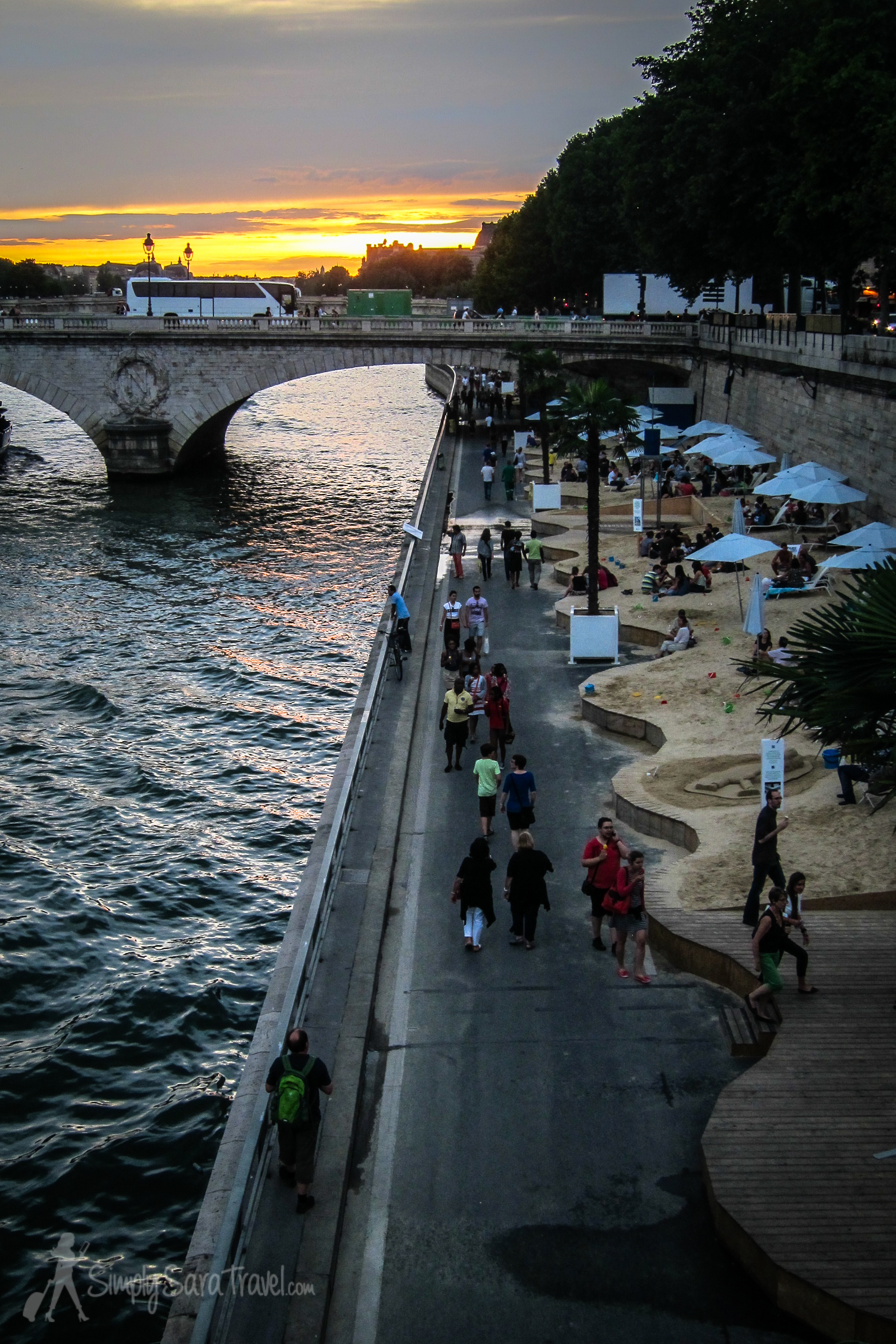 The Paris Plages along the Seine at sunset 