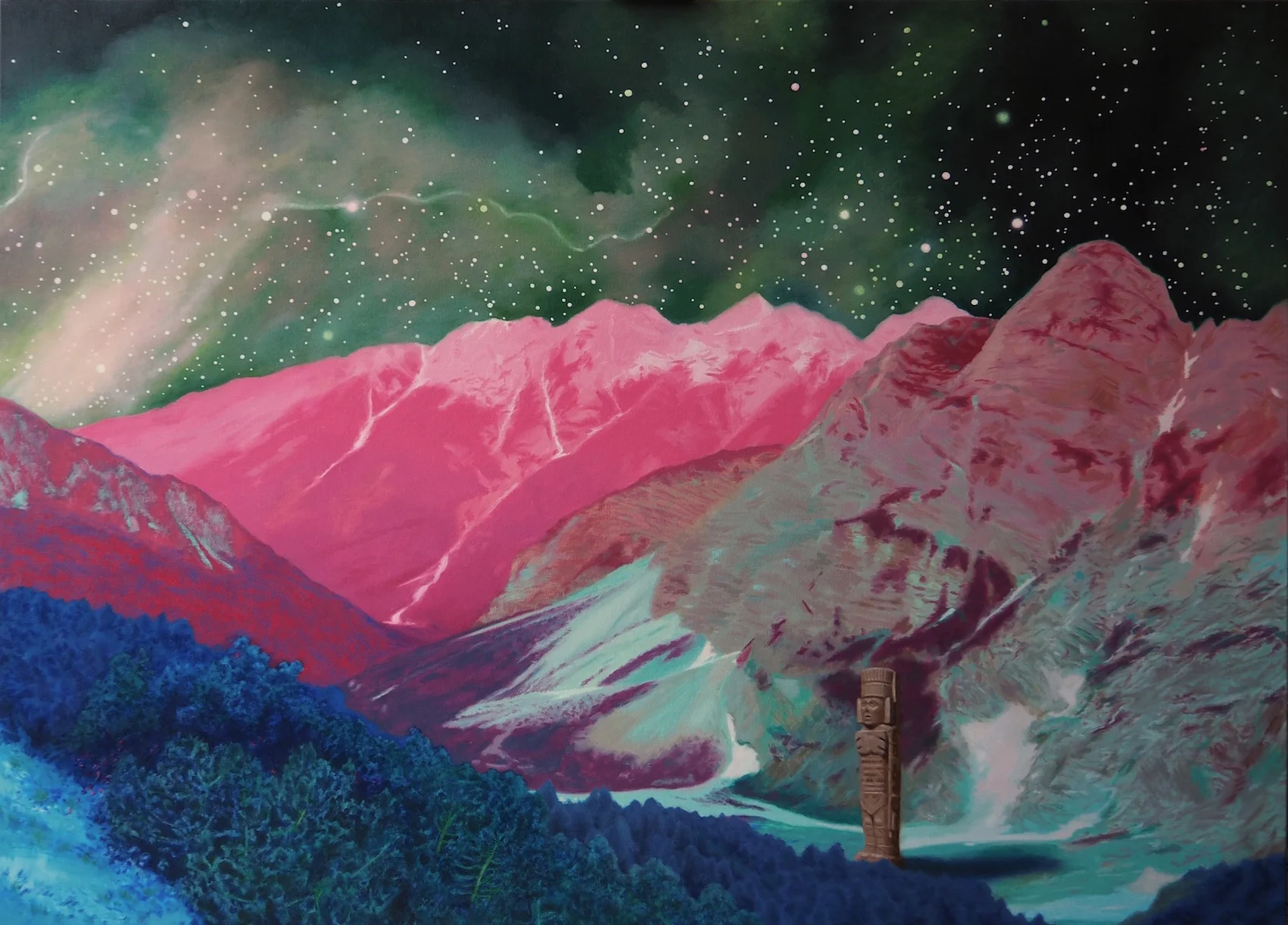 Richard Knafelc Ozymandias 2016 oil on linen 162.5 x 226 cm Stardust -- Recent solo exhibition at Gallerysmith Project Space: Richard Knafelc investigates the place of human beings in the cosmos and the transience of human existence through explorations of archeology, astronomy and the landscape. The underlying concept of his work lies in the finite versus the infinite - transience versus eternity - informed by philosophical ideas relating to cosmological and transcendental infinity, and the sublime. Richard Knafelc is an artist based in Melbourne, where he is currently completing a Master of Fine Art at RMIT University. His history in medicine also informs his practice. He has been a finalist in several prizes, such as the Sir John Sulman Prize, and his work is in private collections in Australia and Europe. Ashley Crawford's Essay on the exhibition: See the Words page on this website: "Knafelc has eschewed the mundane for the cosmic. He has charged full bore though the portal to escape the commonplace and in doing so has landed in a realm where the historical meets the futuristic - a zone akin to Stanley Kubric's 2001: A Space Odyssey." - Ashley Crawford Click on the above image to see all of the artworks from the exhibition.