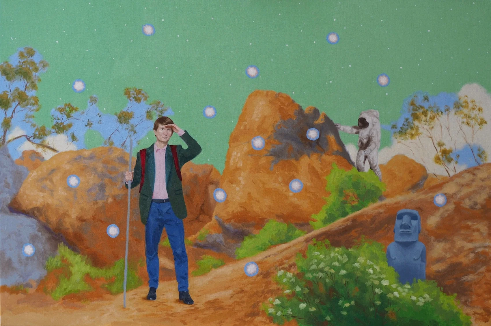 It was not a hypnagogic state 2018 oil on linen 92 x 137.5 cm About the painting: This self-portrait is from my Visions Before Midnight series – exploring strangeness, mystery, the unexplained, and dream-like states. I utilise depictions of lights or stars, which appear to float through highly coloured, unreal landscapes. These highly-charged environments are often inhabited by people trying to make sense of them. ‘Hypnagogic’ refers to the state just before falling asleep, in which we can experience strange phenomena, including hallucinations. I create painted collages from digital photographic sources to effect a combination of multiple times and places to explore the idea of simultaneity, the subconscious, and non-linear narratives. In so doing, I investigate the rational versus the irrational.