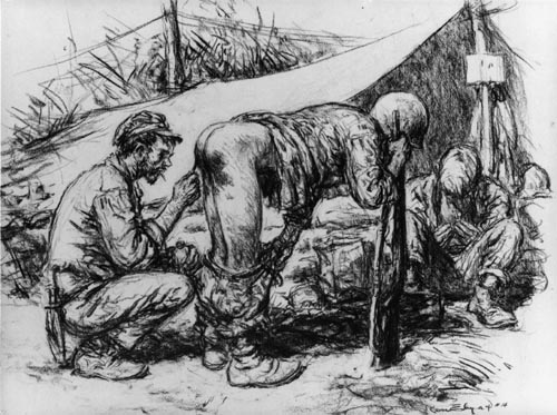 US Marines in Guadalcanal; a medic checks jungle rot, (ringworm)
