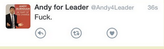 Andy Burnham’s campaign team tweeting magnanimity in defeat (subsequently deleted)