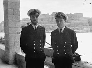 Wanklyn (left) with his First Lieutenant and senior engineer J. R. D Drummond (right), 13 January 1942
