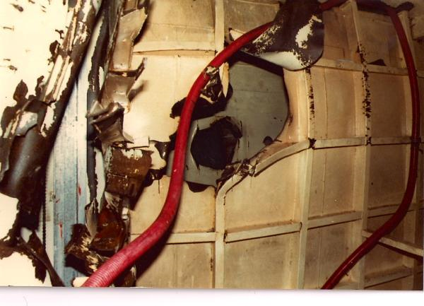 Argonaut Bomb entry route through the ship's side below the waterline, into a diesel fuel tank, through a tank "baffle" and then through into the Seacat missile magazine, striking a missile in the hoist, crushing a couple of cases of 40/60mm Bofors shells, then smashing through a row of Seacats, killing the two guys in the weapons handling team. RIP Able Seaman Iain M. Boldy and Able Seaman Matthew J. Stuart (Killed on his 18th birthday).