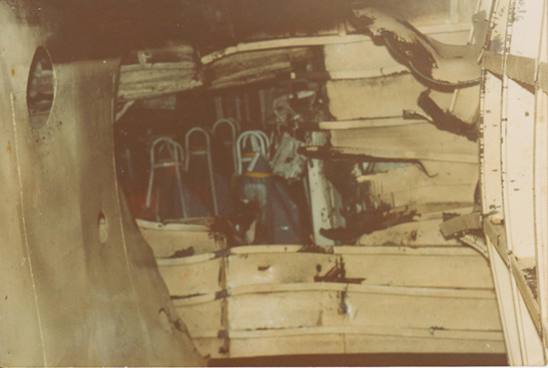 Ship’s side (Right) with entry hole. Viewed from within the fuel tank looking aft through the entry route into the magazine.