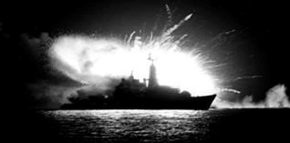 HMS Antelope - UXB detonates setting fire to the ship. Eventually the Seacat magazine explodes in this well-known picture (it's not the bomb, it's the missiles in the magazine exploding), 400 yards from Argonaut (Still with a 1000lb UXB lodged in our Seacat magazine...). Argonaut actually juddered as the explosive pulse rippled through the water