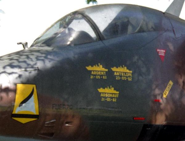 Victory markings on an Argentine Skyhawk for the sinking of 3 British warships during the 1982 Falklands War, the Argonaut, Antelope, and Ardent. Except Argonaut wasn't sunk.