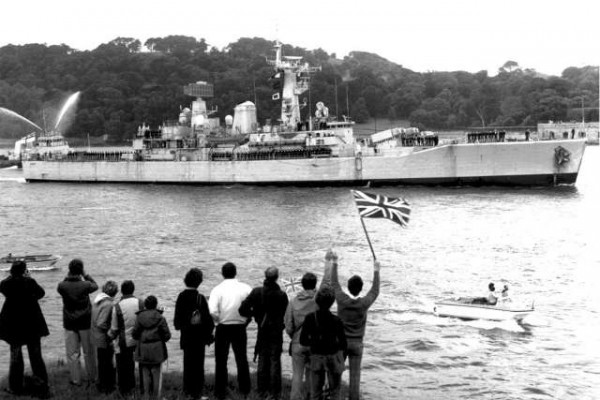 After a long and dangerous voyage, HMS Argonaut arrived back in Devonport for repairs on the 26th June, 1982.