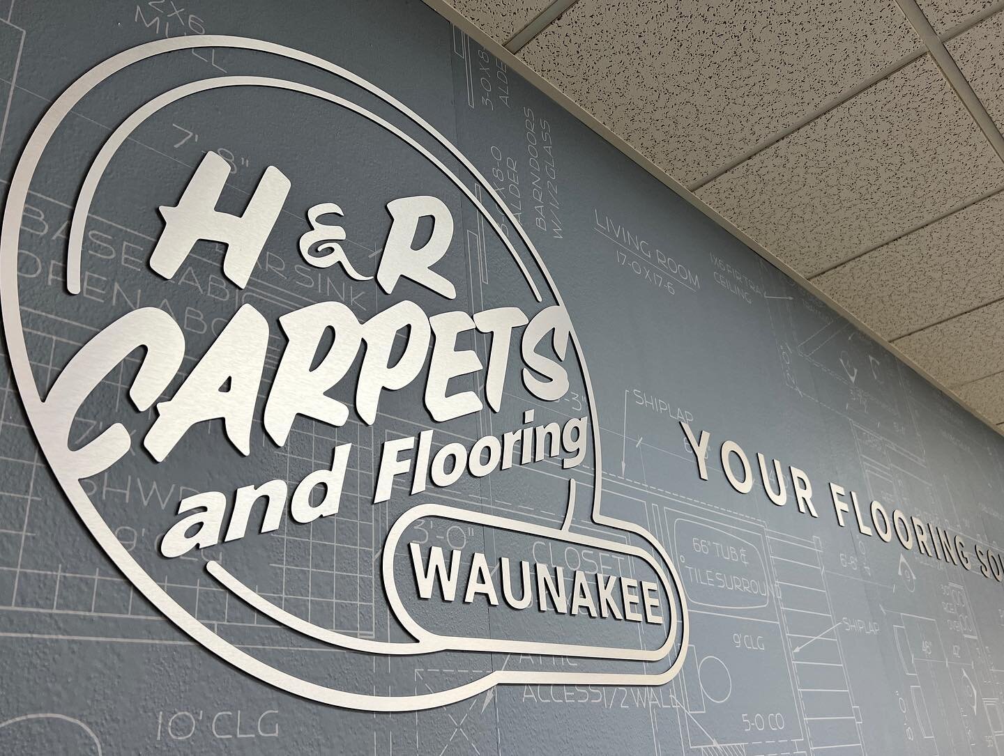 This project has been one of my favorites! So fun to see it come together on install day. Thanks @hrcarpetsflooring for hiring me to design your new branded wall and thanks @thysseteam for the beautiful graphics!