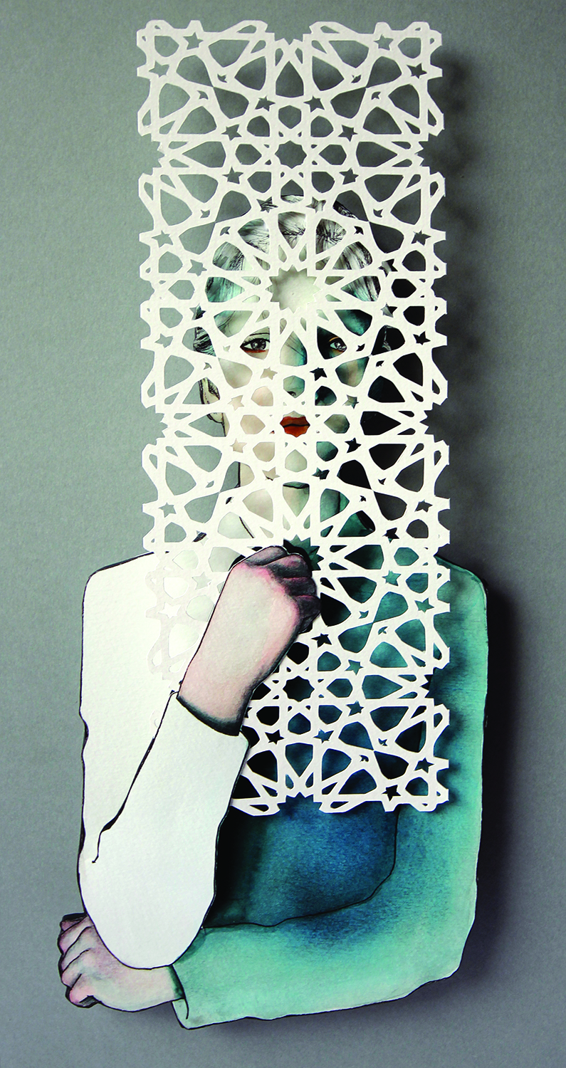 curtains drawn, 9" x 16.5", mixed media, 2015