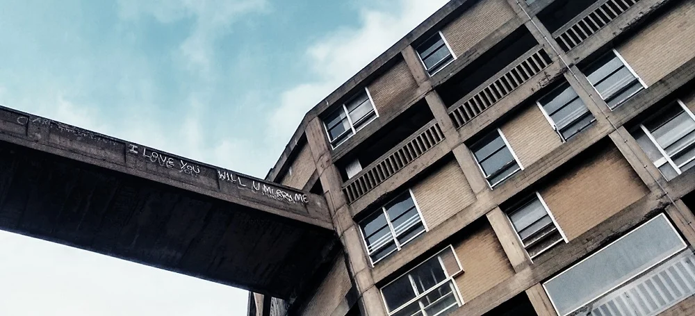 I love you will u marry me - Iconic Sheffield graffiti on the original street in the sky.