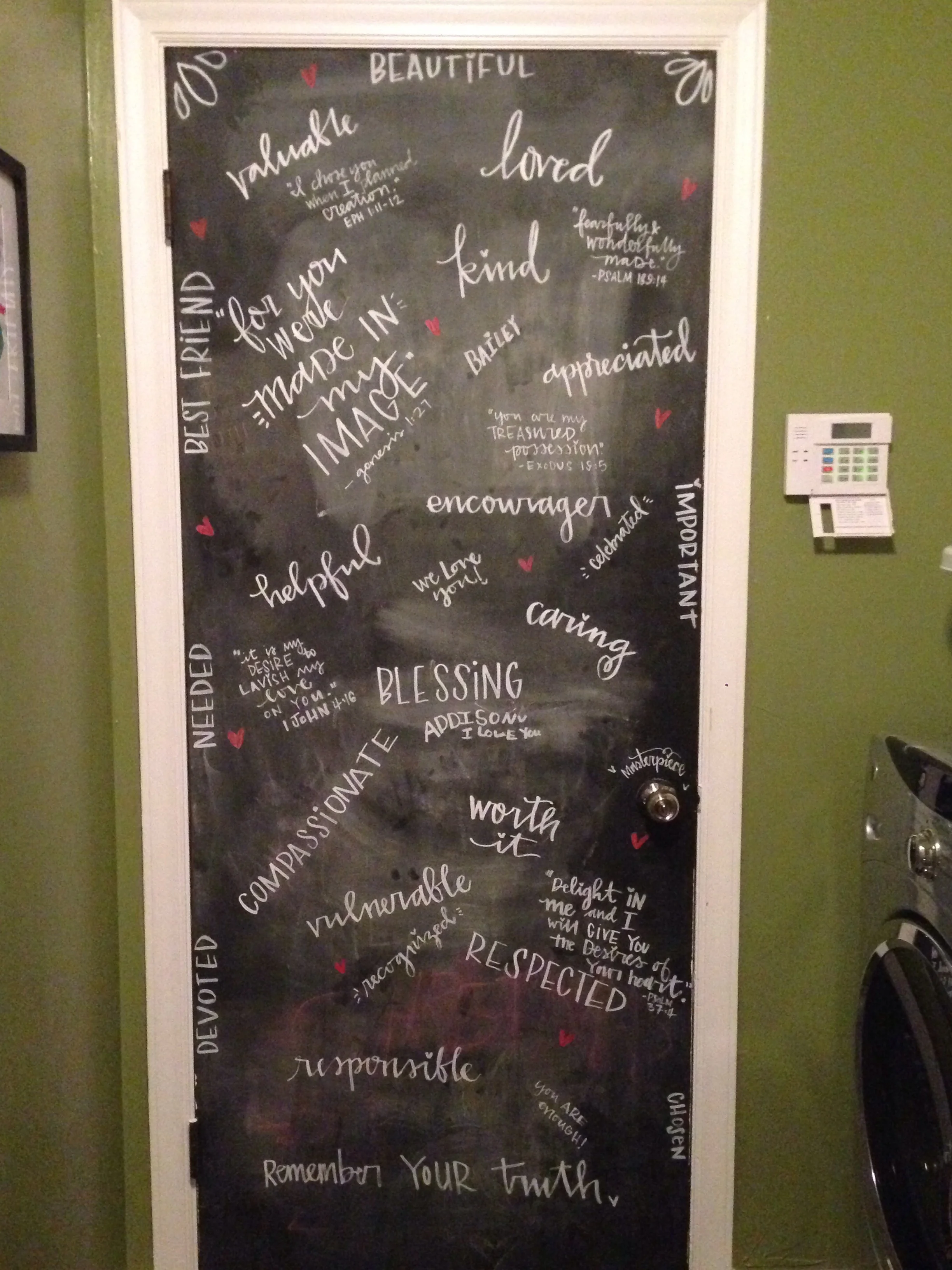 i was asked yesterday to help with a secret Mother's Day surprise by a husband. My job was to letter truths from the bible that were hand picked by him and their little girls. I don't know about y'all but if I stumbled upon this truth door in my house it would encourage me daily. The bottom line says "Remember your truth" and I think that may just be something we all struggle with.