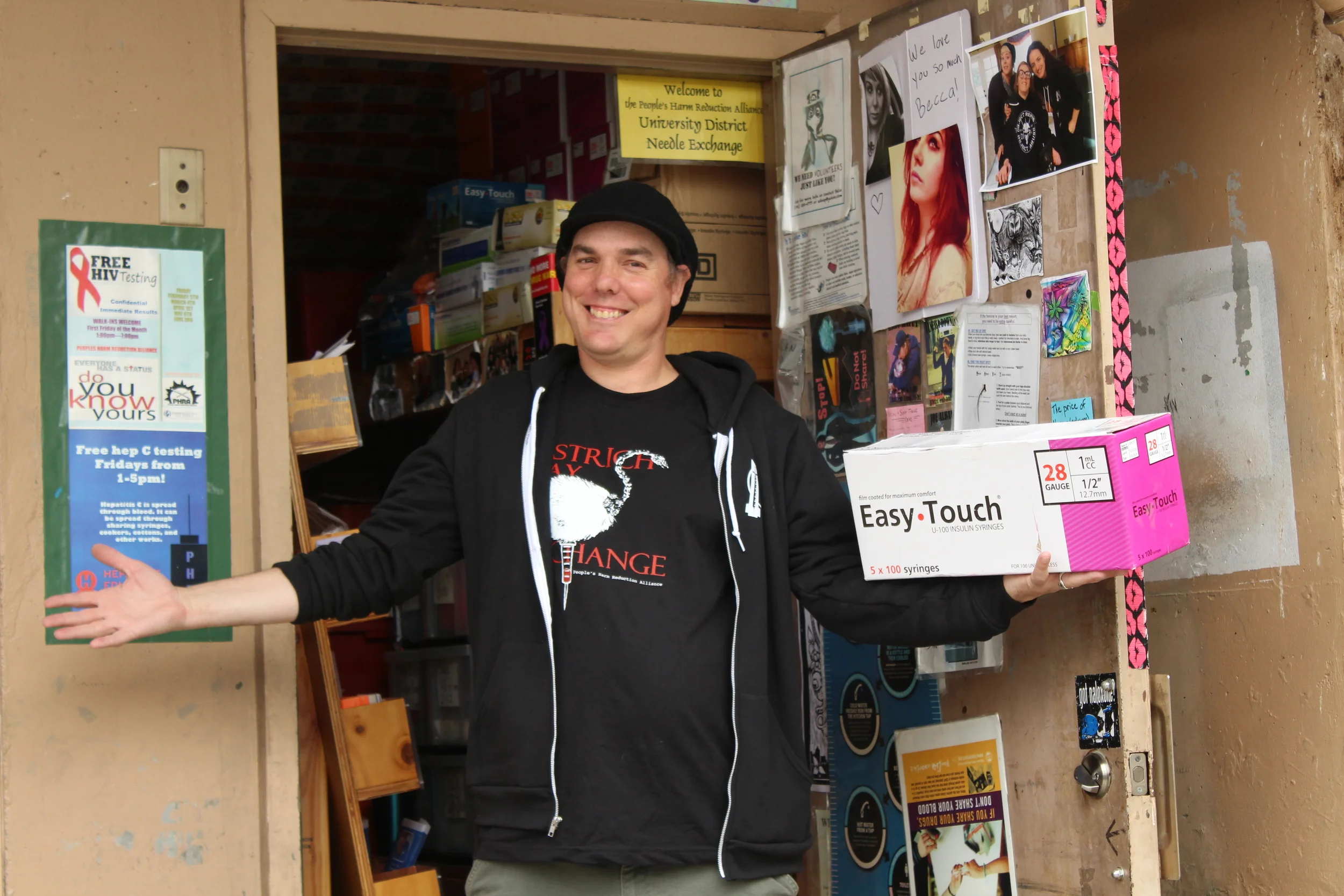 People's Harm Reduction Alliance (PHRA) Director Shilo Jama welcomes all in need to the U-district needle exchange. August 31st is International Overdose Awareness day and PHRA will be expanding services from five to six days a week, providing free Narcan/Naloxone training and hosting a memorial open for anyone to contribute. 