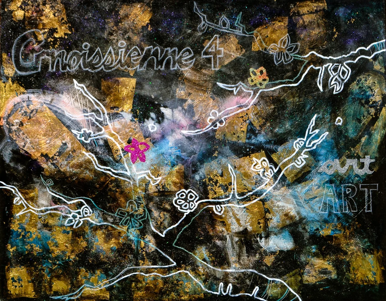   Danielle Bartlette    Blossoming Almond Tree,  2014  mixed media on canvas  48''x60''  ---------- 