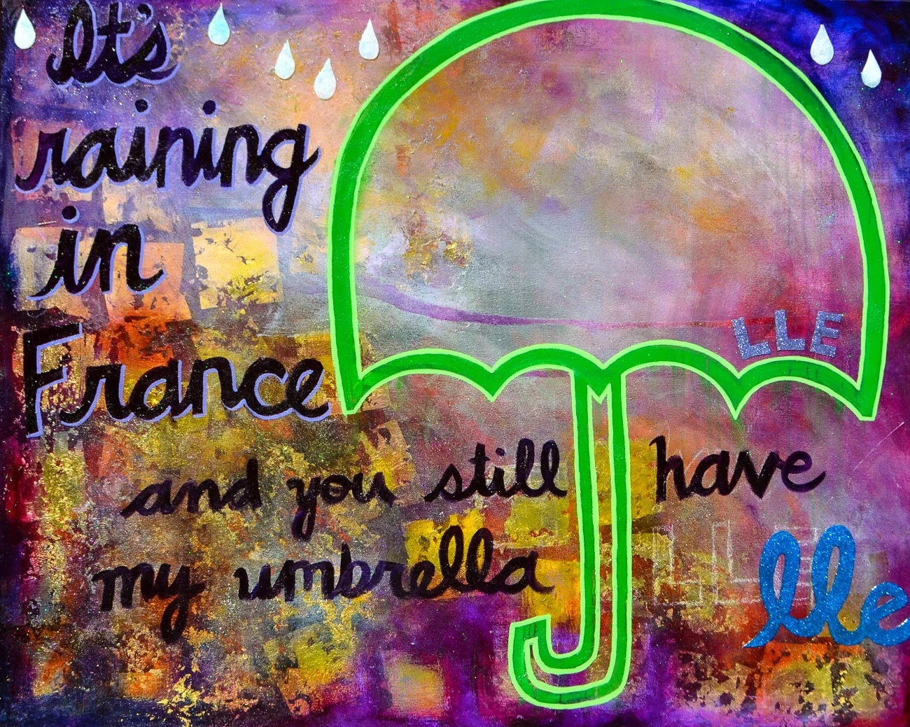   Danielle Bartlette    It's Raining in France,  2014  mixed media on canvas  48''x60''  ---------- 