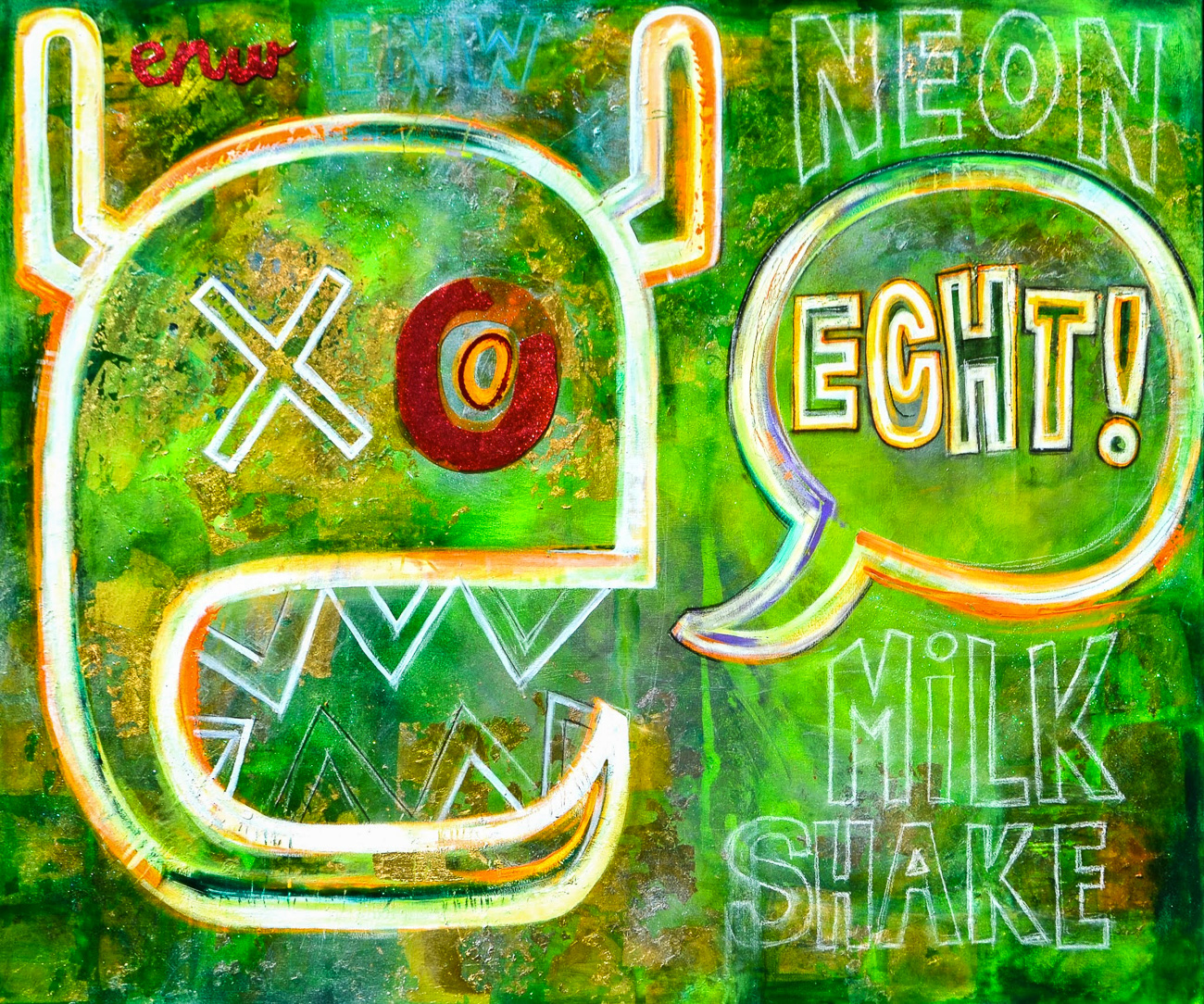   Danielle Bartlette    Echt!,  2014  mixed media on canvas  60''x72''  SOLD 