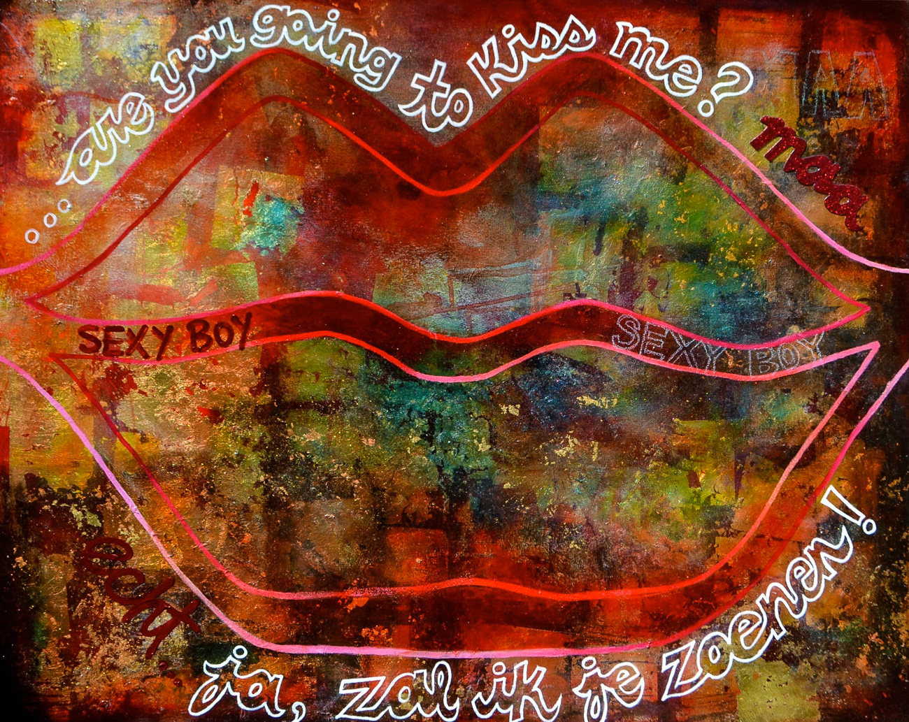   Danielle Bartlette    Are You Going to Kiss Me?,  2014  mixed media on canvas  48''x60''  SOLD 