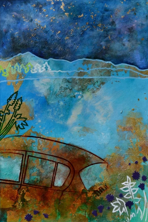   Danielle Bartlette   Automotive Ghost Town, 2014  mixed media on canvas  60''x40'' 