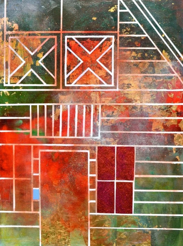   Danielle Bartlette    Red Green Barn , 2014  mixed media on wood  40''x30'' 