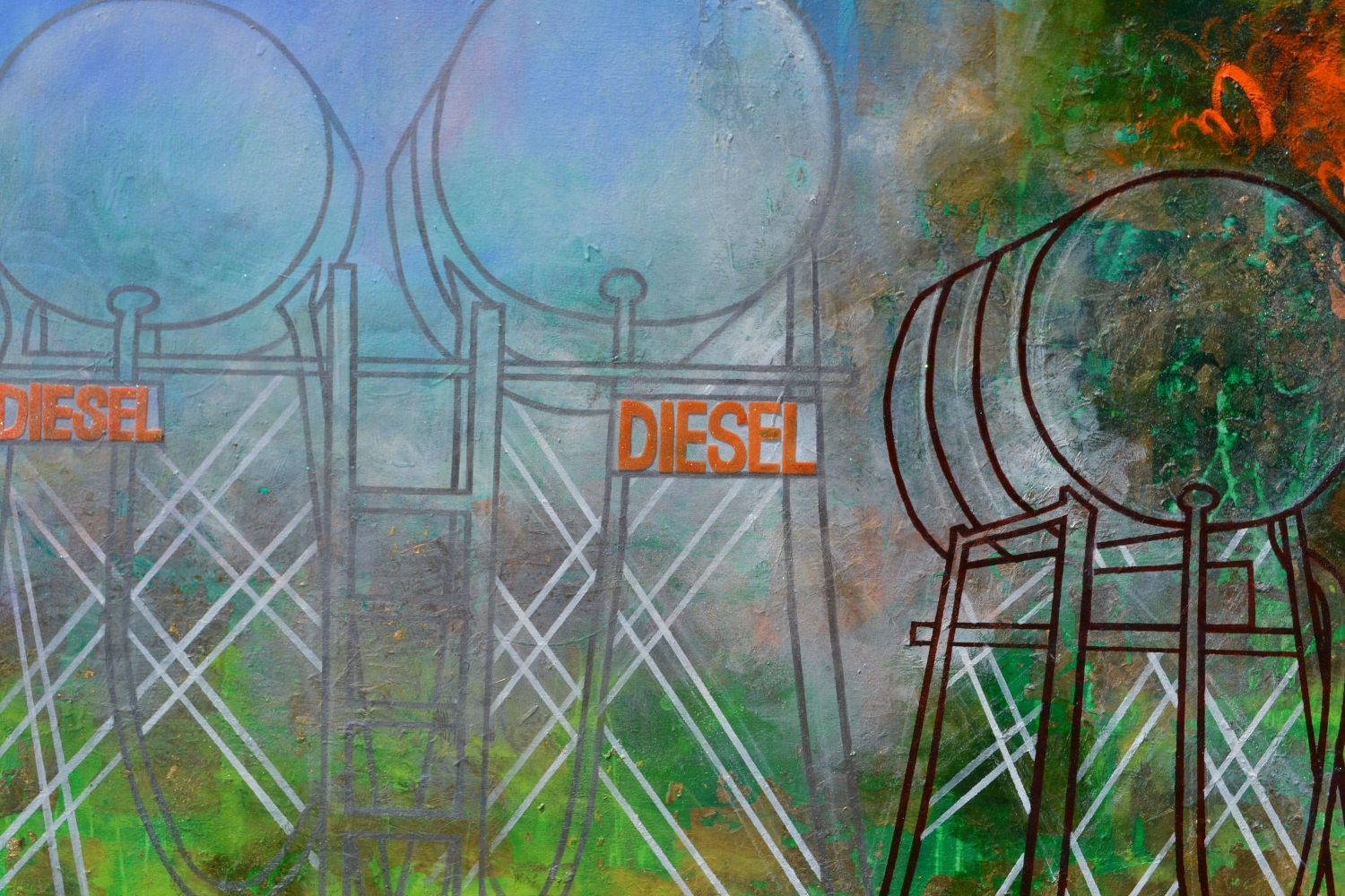   Danielle Bartlette    Diesel,  2014  mixed media on canvas  48''x60'' 