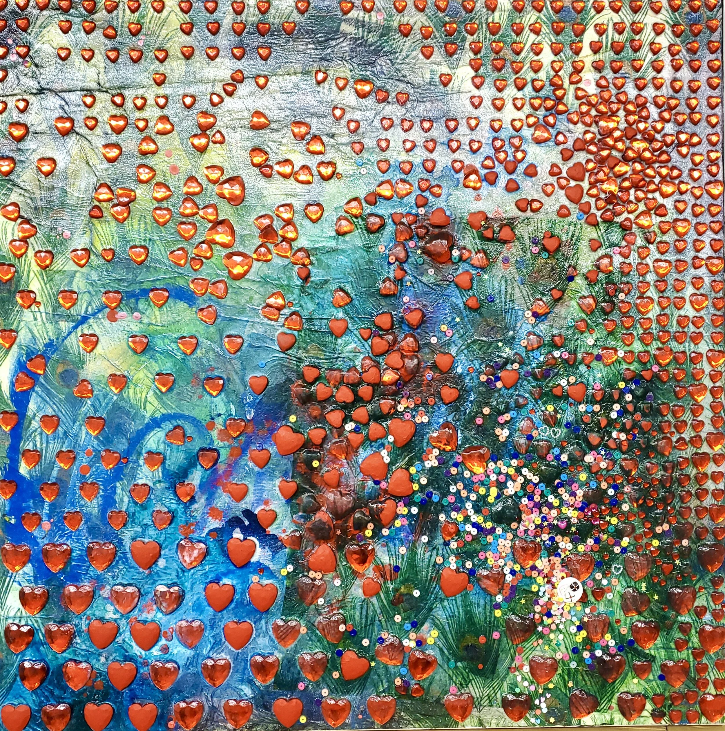 Corona Hearts , Danielle Bartlette, mixed media on canvas 30’’x30’’ 2020
