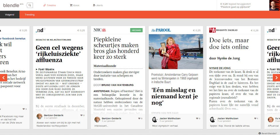 Así se ve el timeline de Blender en una computadora, desplegando artículos de todos los periódicos. Imagen: denieuwereporter.nl 