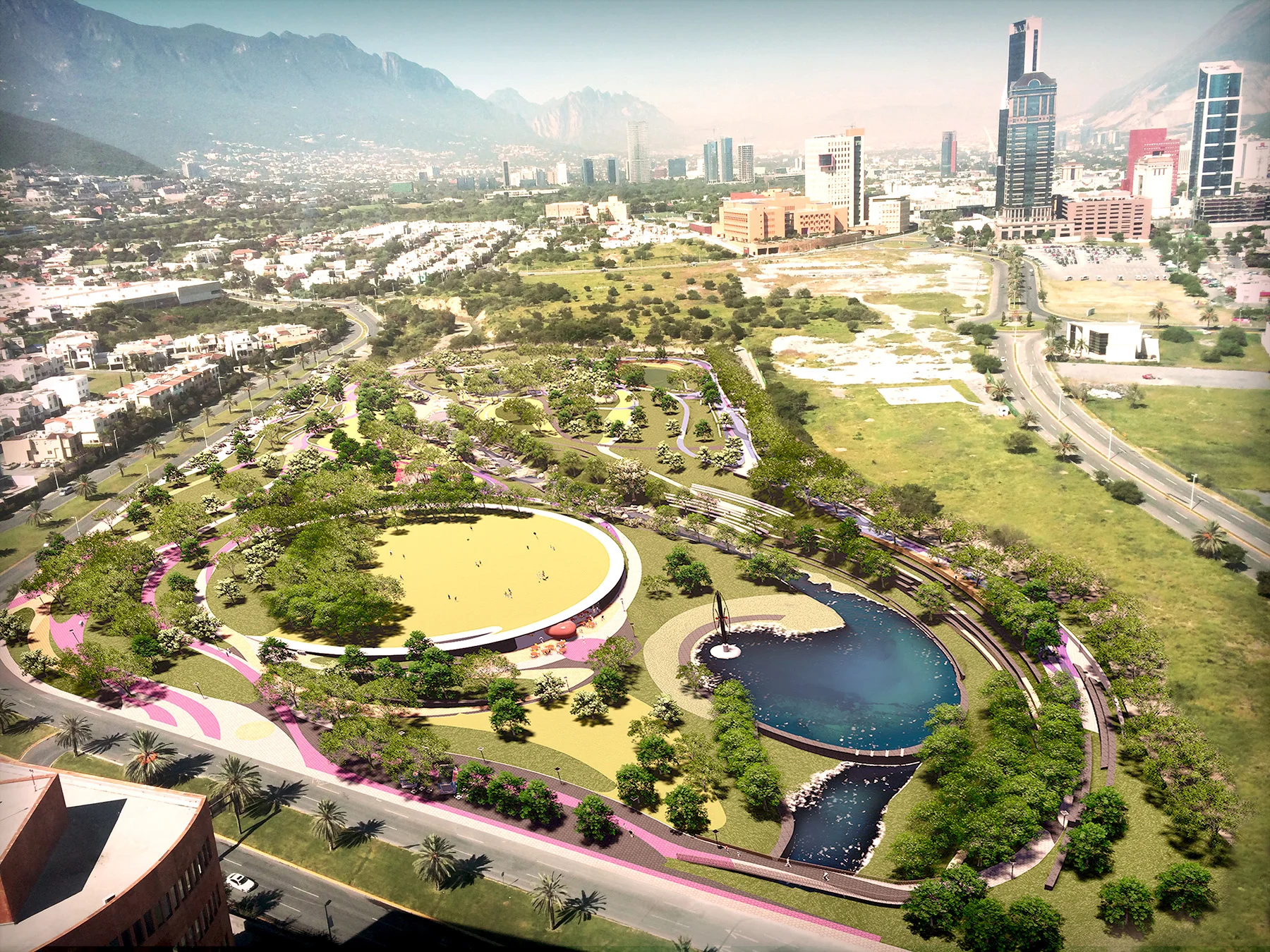 Render del proyecto de regeneración del Parque Rufino Tamayo de Harari Landscape. No se ve ningún museo de Frank Gehry por ahí.
