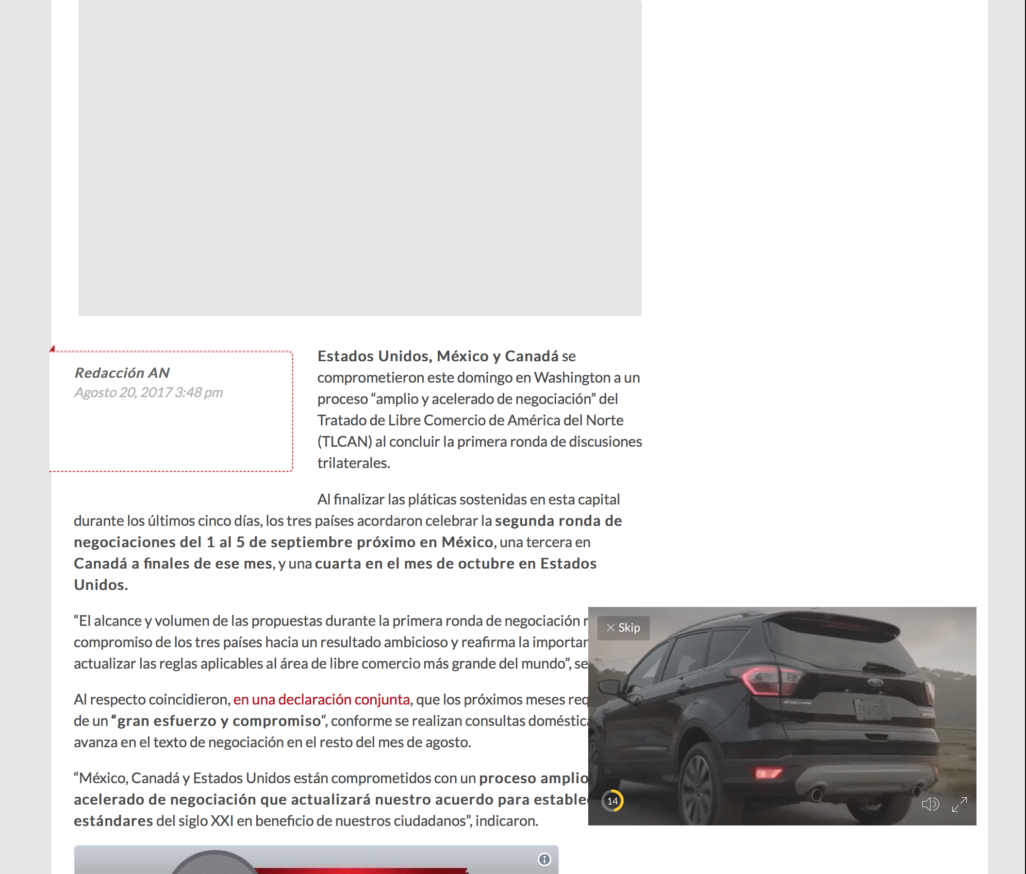 🤔 Ejemplo de estructura de nota en el sitio Aristegui Noticias. Un invasivo video ad acompaña la lectura.