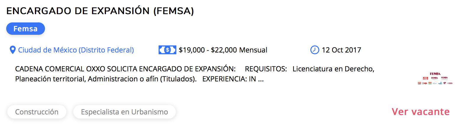 Oferta de trabajo de FEMSA publicado en el sitio OCC. Nótese el tag Especialista en Urbanismo .