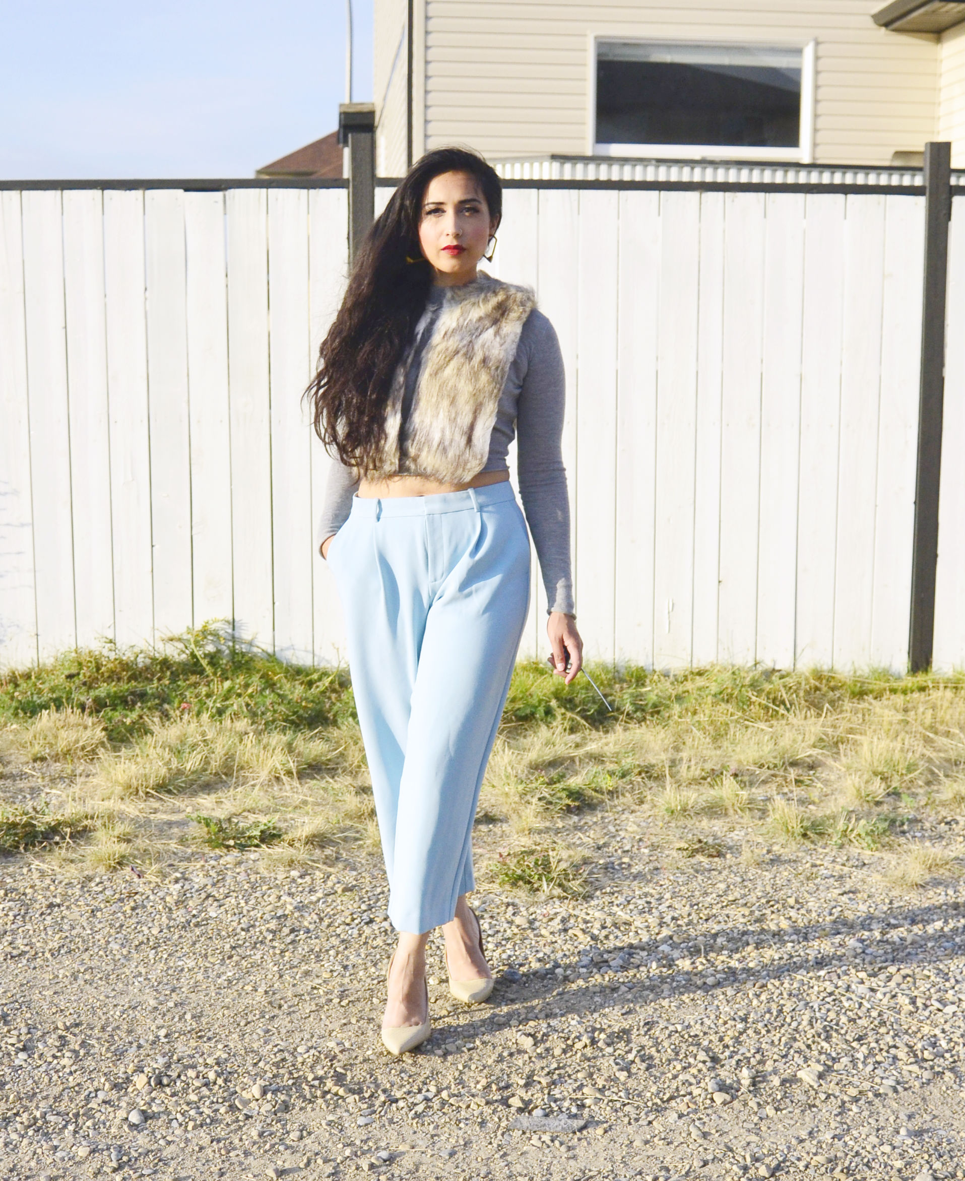 Outfit One: The Lady In Fur Fur scarf: ASOS Cropped Turtleneck: Trouve (Nordstrom) Cropped Pleated Pants: Chelsea 28 (Nordstrom) Nude Heels: Spring Shoes 