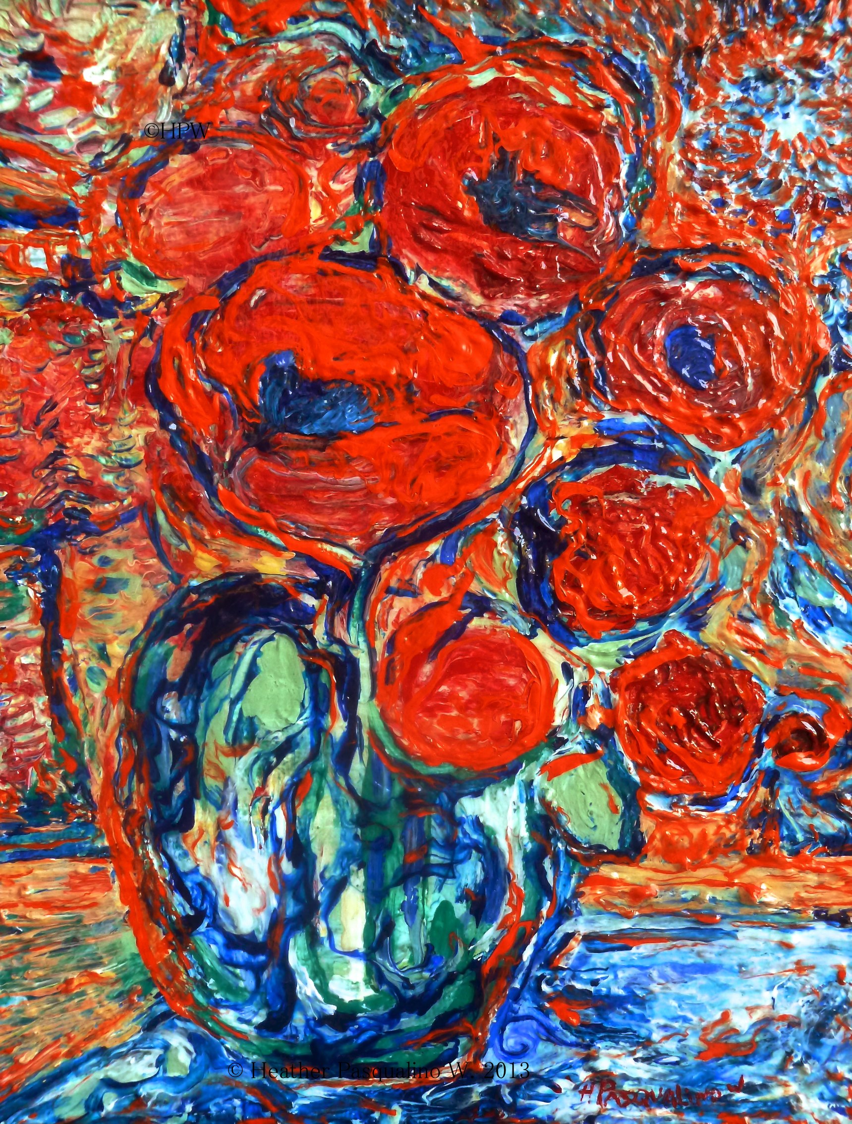Orange Poppies on Blue / O riginal painting by Heather Pasqualino. 