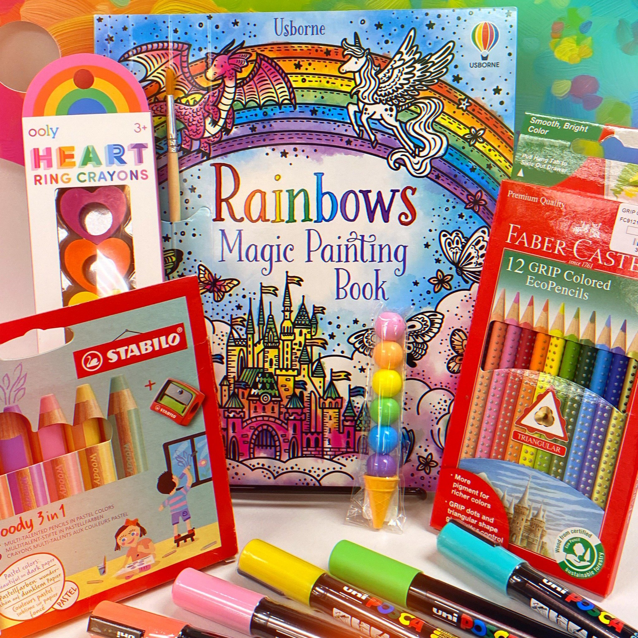 Just in! New 🌈 Rainbows Magic Painting Books 🌈 just add water for a no-mess way to spark creativity with your kids! Comes with a brush. 
So many colorful art supplies to make your own rainbow! Have fun with @usborne_books @weareooly, @stabilo, @pos